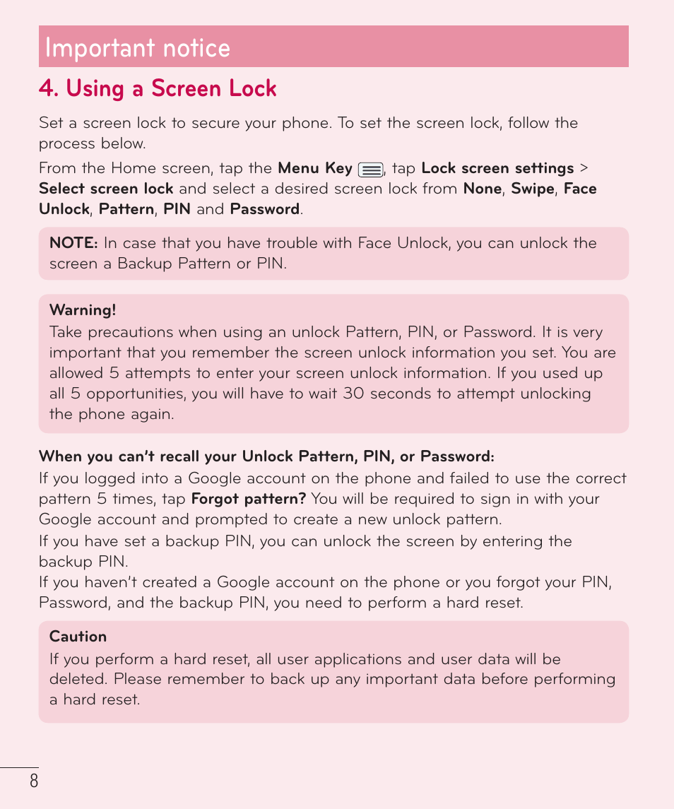 Important notice, Using a screen lock | LG LGD801BK User Manual | Page 10 / 177