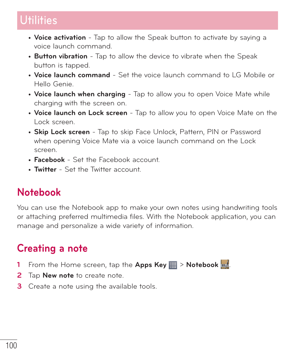Notebook, Creating a note, Utilities | LG LGD801BK User Manual | Page 102 / 177
