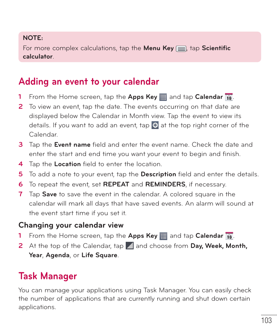 Adding an event to your calendar, Task manager, Changing your calendar view | LG LGD801BK User Manual | Page 105 / 177
