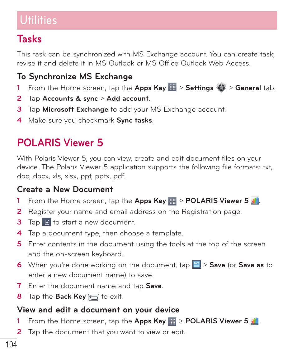 Tasks, Polaris viewer 5, Utilities | Create a new document, View and edit a document on your device | LG LGD801BK User Manual | Page 106 / 177
