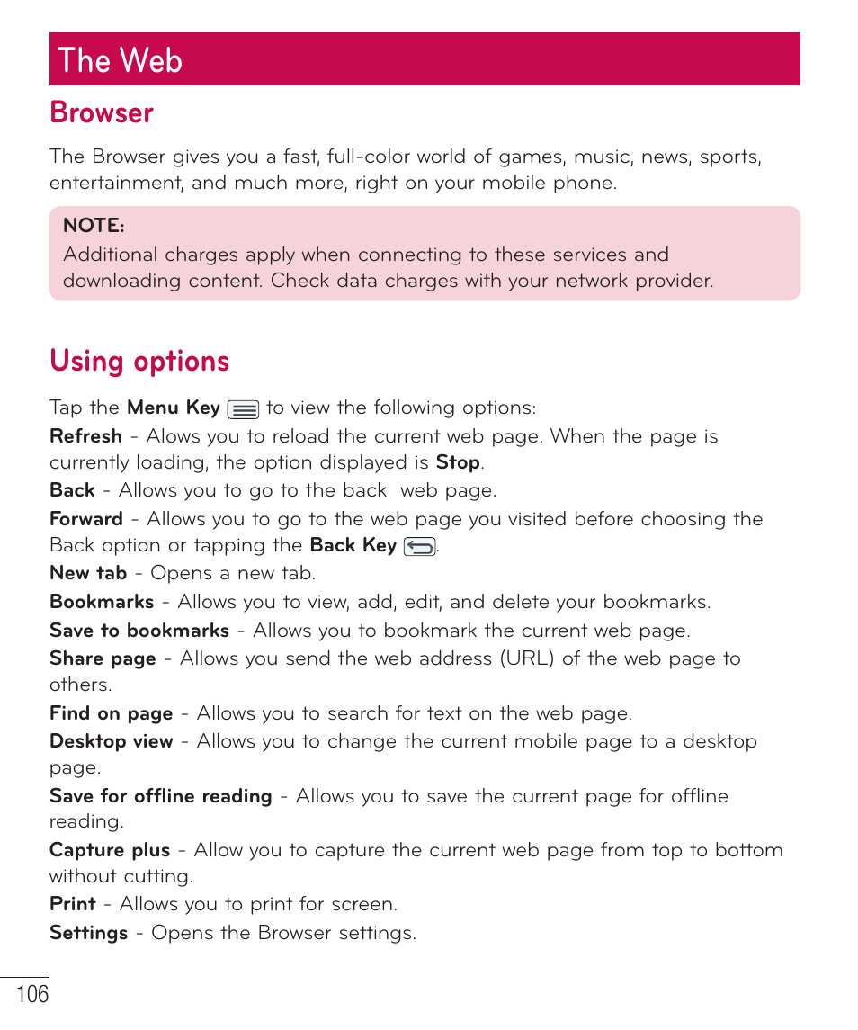 The web, Browser, Using options | LG LGD801BK User Manual | Page 108 / 177