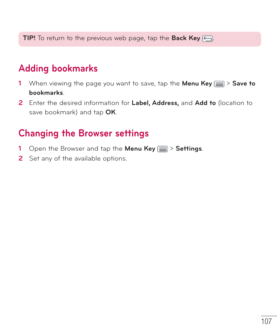 Adding bookmarks, Changing the browser settings | LG LGD801BK User Manual | Page 109 / 177