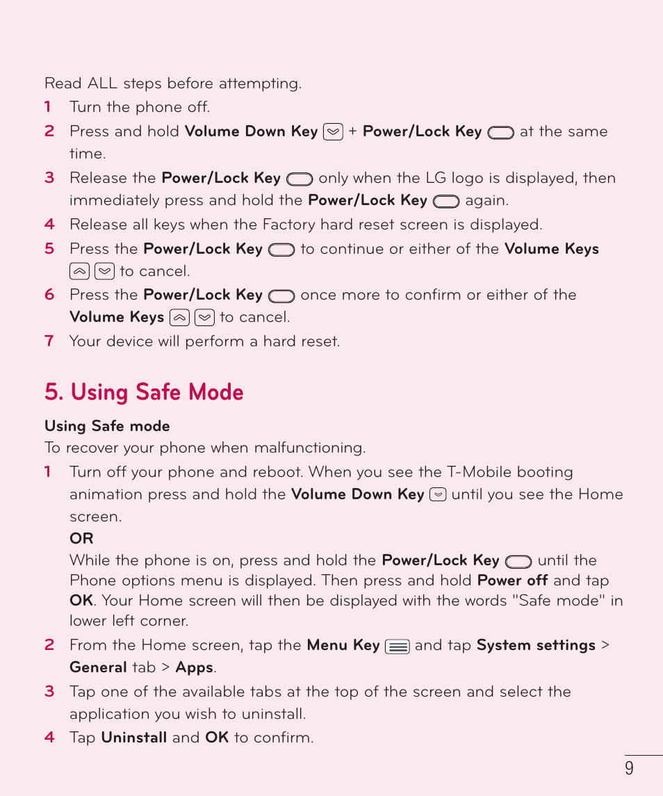 Using safe mode | LG LGD801BK User Manual | Page 11 / 177