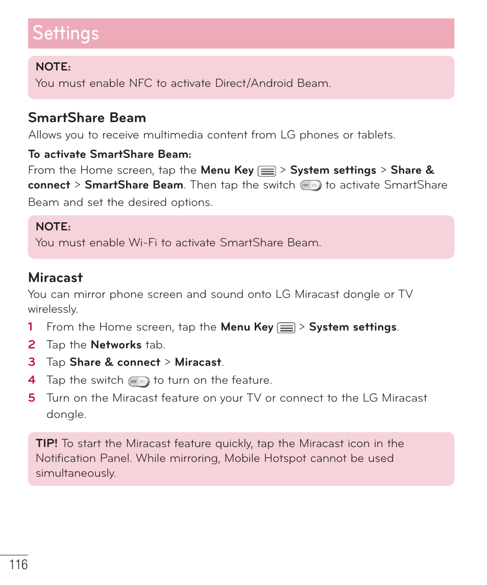 Settings, Smartshare beam, Miracast | LG LGD801BK User Manual | Page 118 / 177