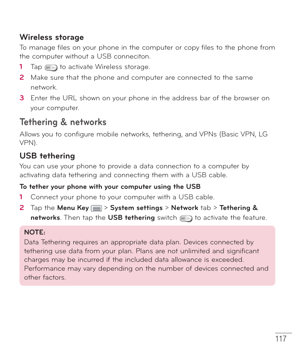 Tethering & networks, Wireless storage, Usb tethering | LG LGD801BK User Manual | Page 119 / 177
