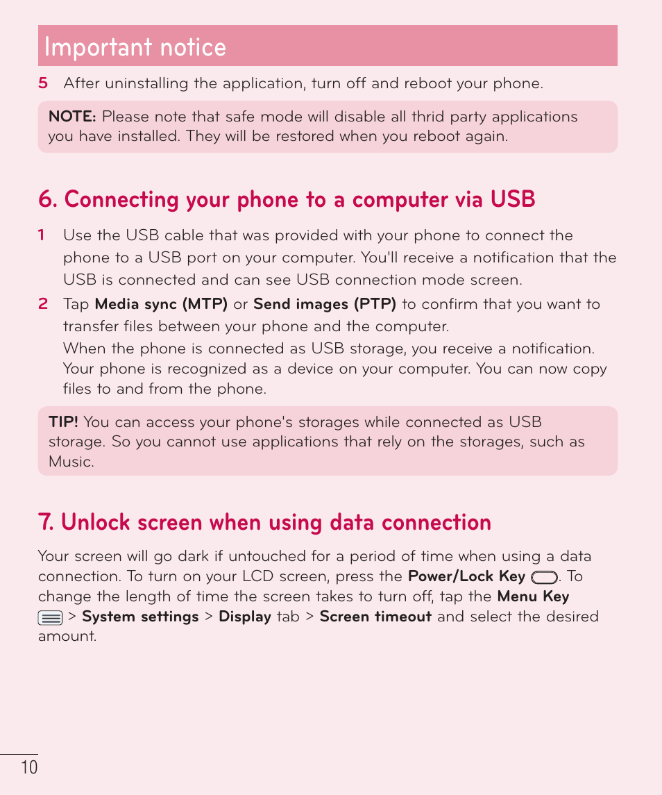Important notice, Connecting your phone to a computer via usb, Unlock screen when using data connection | LG LGD801BK User Manual | Page 12 / 177