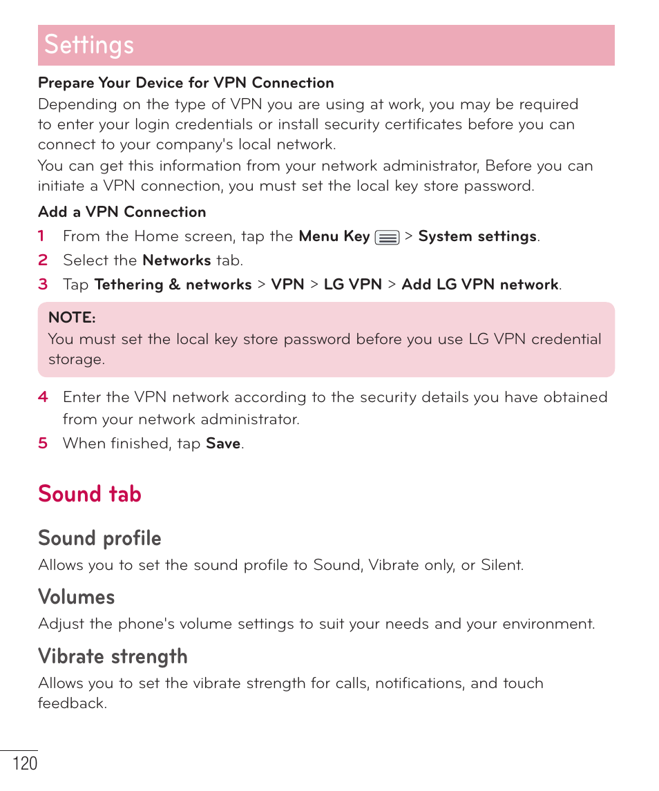 Sound tab, Settings, Sound profile | Volumes, Vibrate strength | LG LGD801BK User Manual | Page 122 / 177