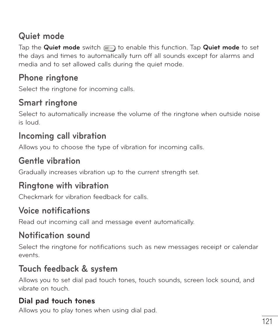 Quiet mode, Phone ringtone, Smart ringtone | Incoming call vibration, Gentle vibration, Ringtone with vibration, Voice notifications, Notification sound, Touch feedback & system | LG LGD801BK User Manual | Page 123 / 177