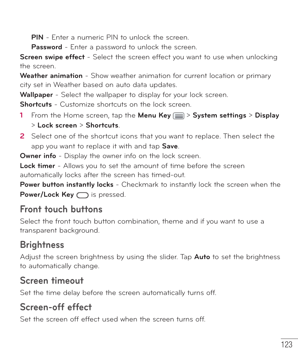 Front touch buttons, Brightness, Screen timeout | Screen-off effect | LG LGD801BK User Manual | Page 125 / 177