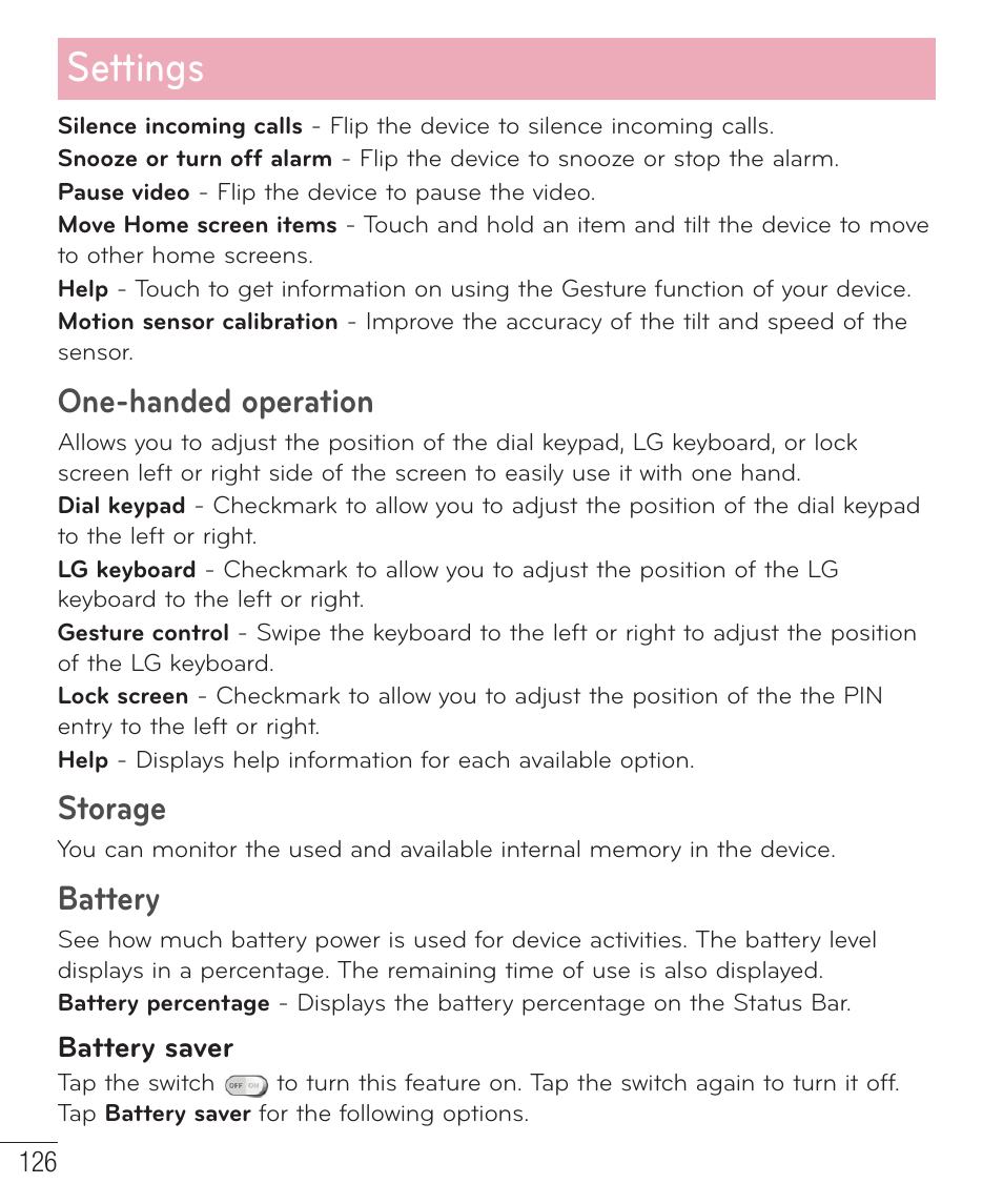 Settings, One-handed operation, Storage | Battery | LG LGD801BK User Manual | Page 128 / 177