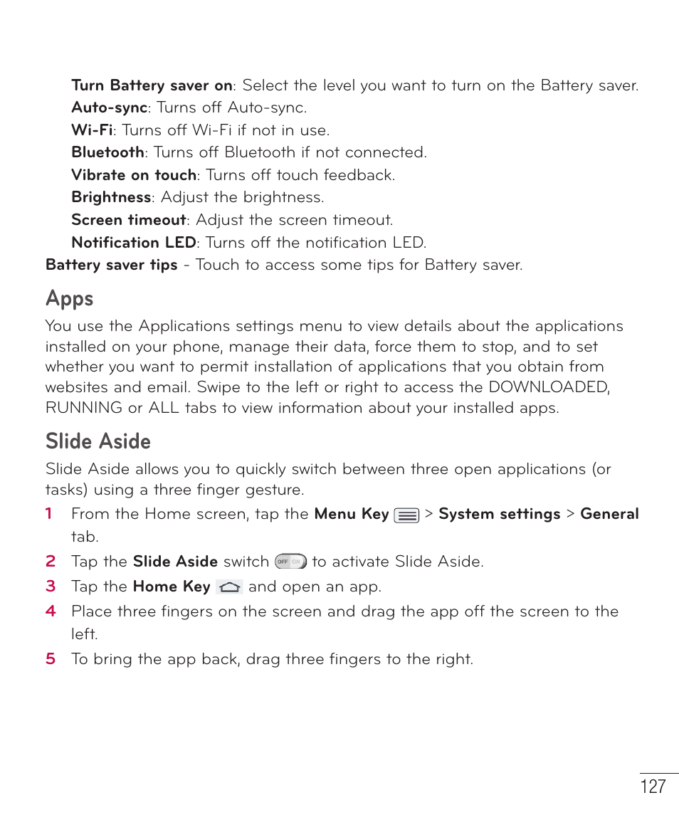 Apps, Slide aside | LG LGD801BK User Manual | Page 129 / 177