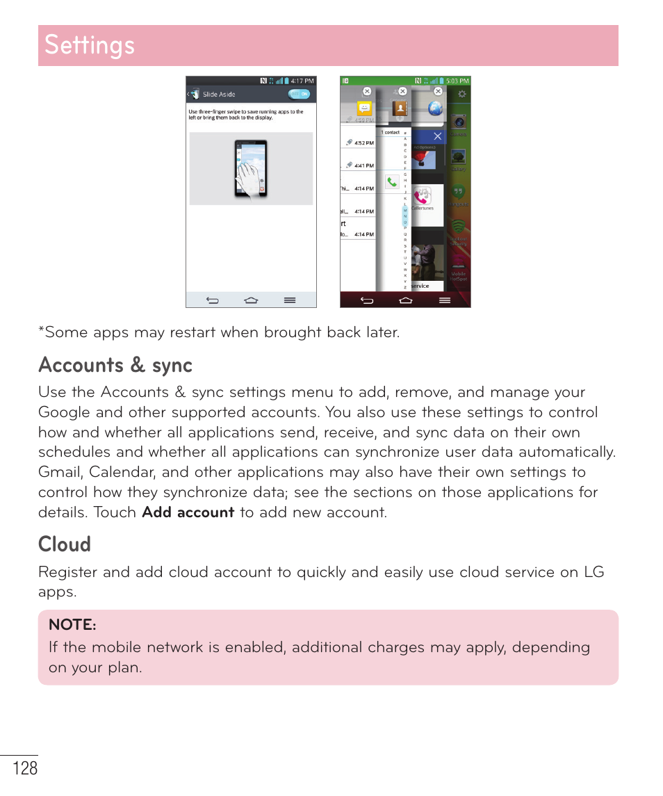 Settings, Accounts & sync, Cloud | LG LGD801BK User Manual | Page 130 / 177