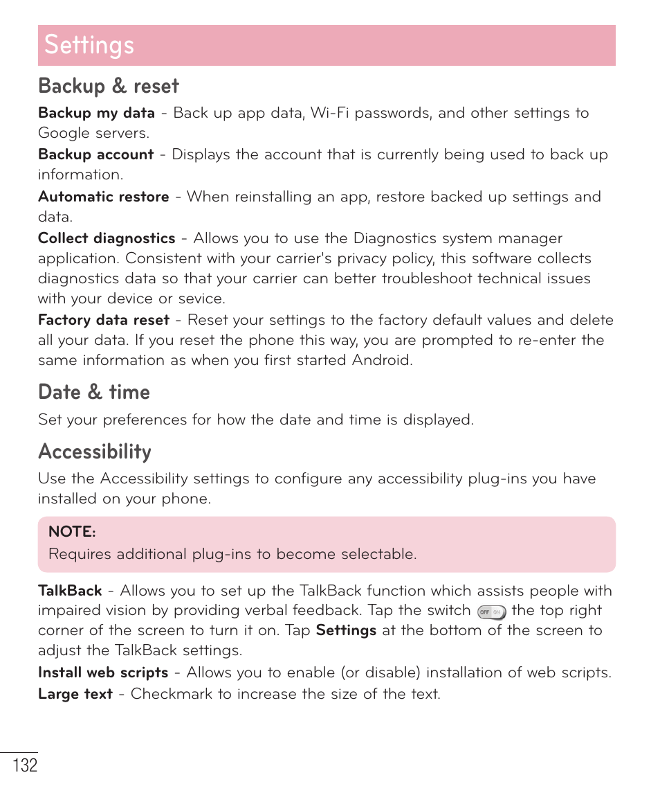 Settings, Backup & reset, Date & time | Accessibility | LG LGD801BK User Manual | Page 134 / 177