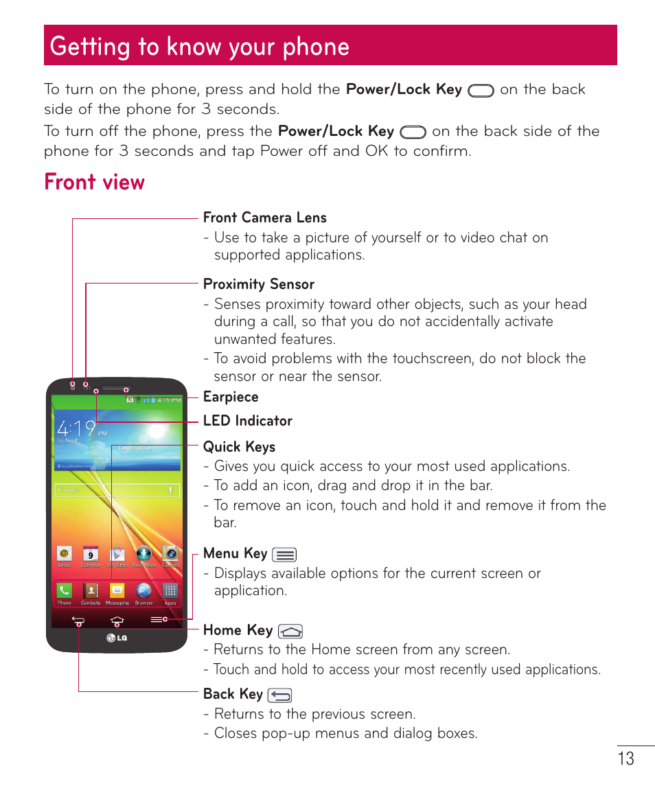 Getting to know your phone, Front view | LG LGD801BK User Manual | Page 15 / 177