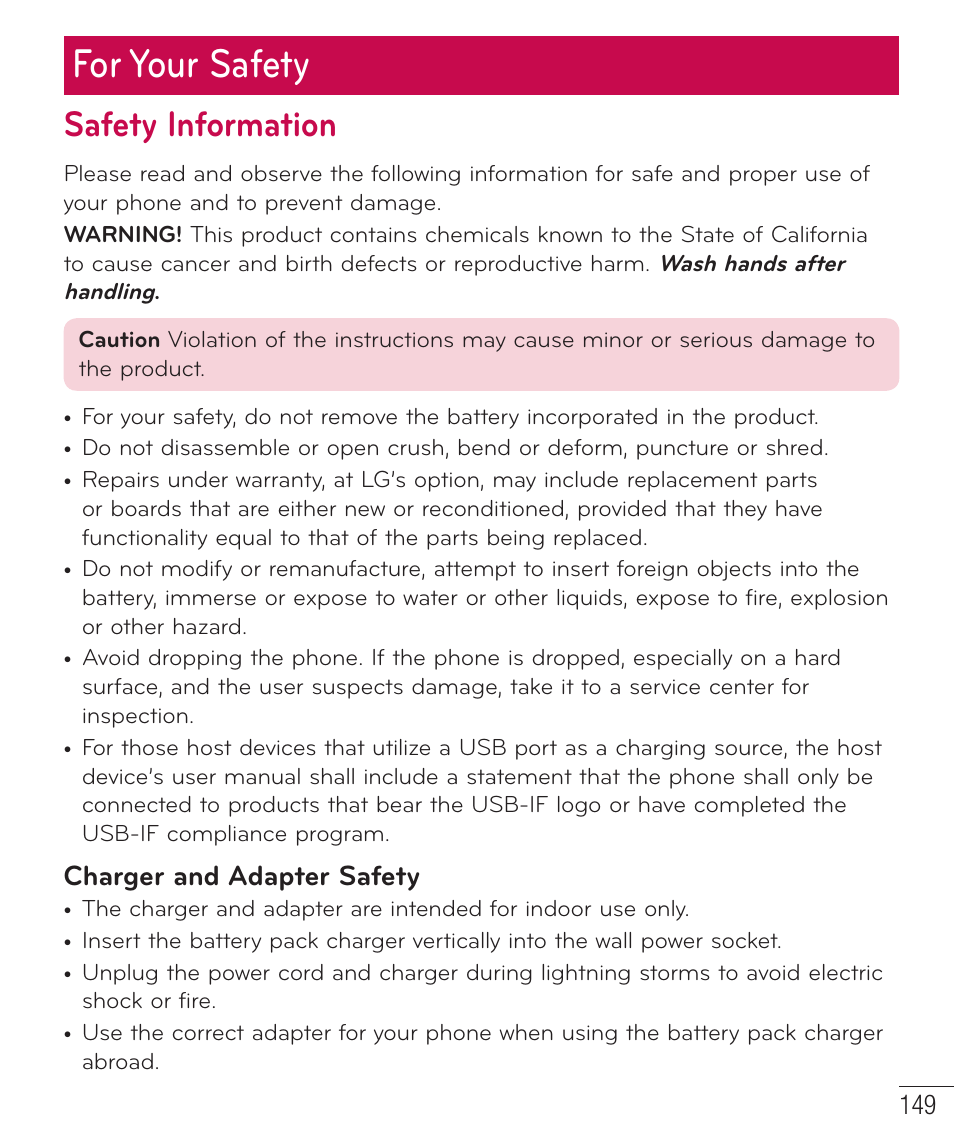 For your safety, Safety information, Charger and adapter safety | LG LGD801BK User Manual | Page 151 / 177