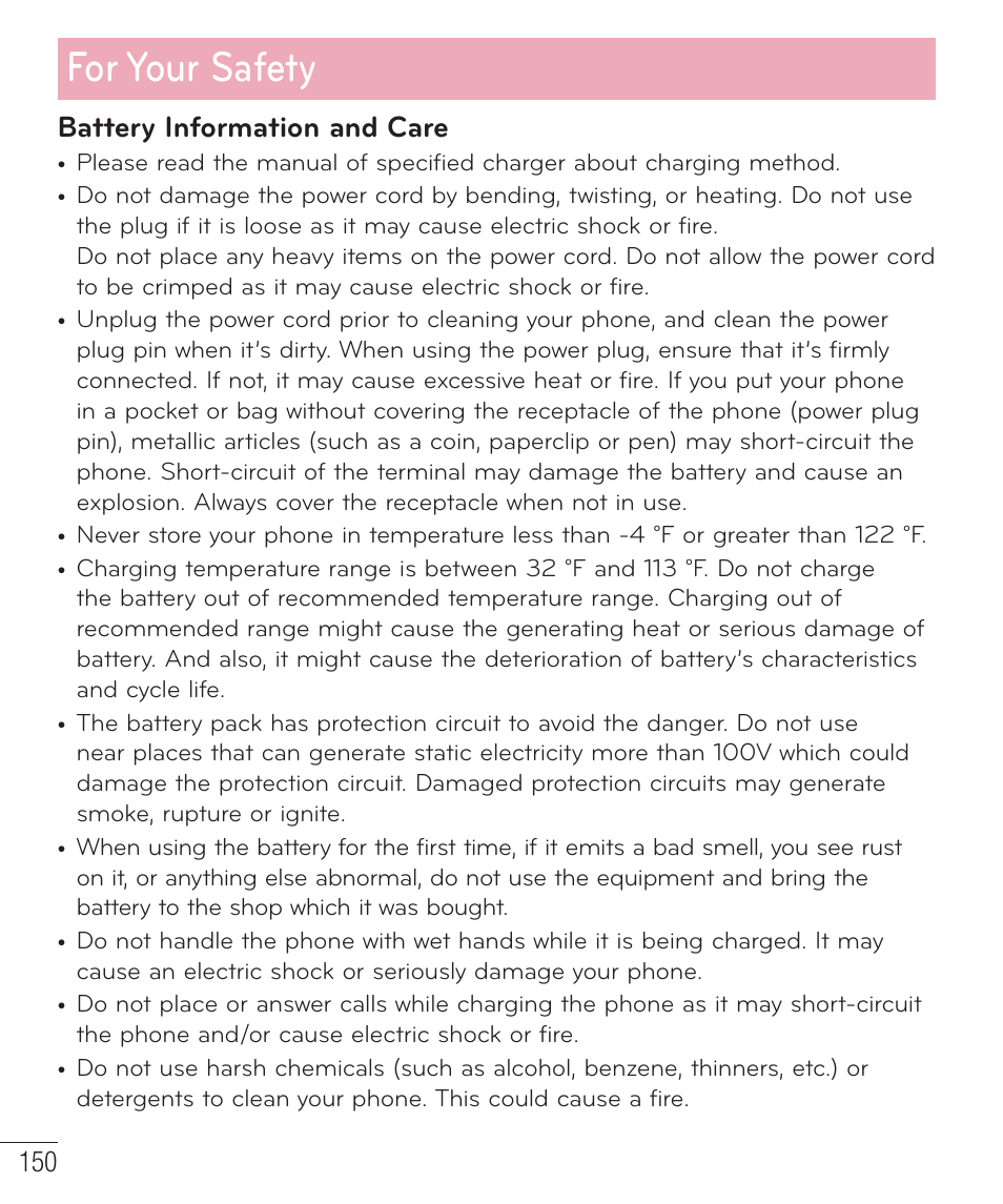 For your safety, Battery information and care | LG LGD801BK User Manual | Page 152 / 177