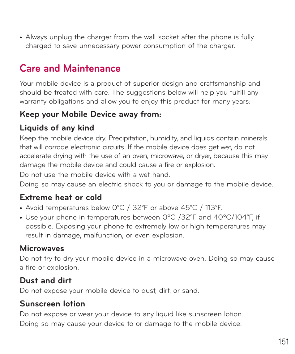 Care and maintenance, Extreme heat or cold, Microwaves | Dust and dirt, Sunscreen lotion | LG LGD801BK User Manual | Page 153 / 177