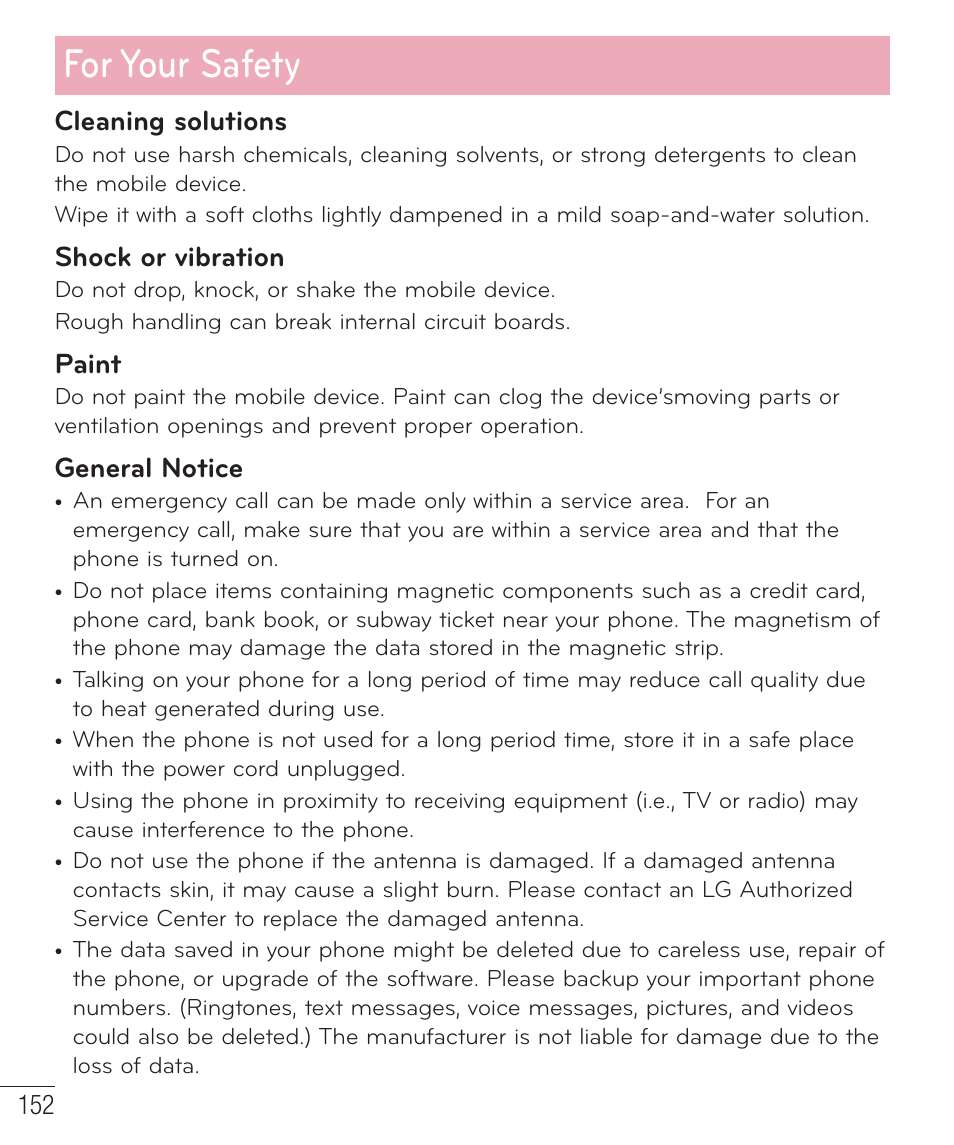 For your safety, Cleaning solutions, Shock or vibration | Paint, General notice | LG LGD801BK User Manual | Page 154 / 177