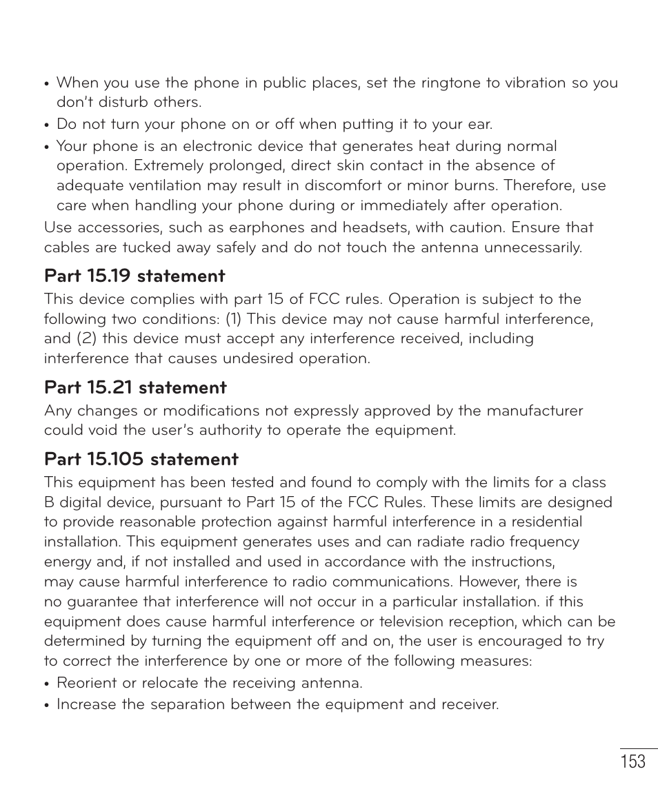 Part 15.19 statement, Part 15.21 statement | LG LGD801BK User Manual | Page 155 / 177
