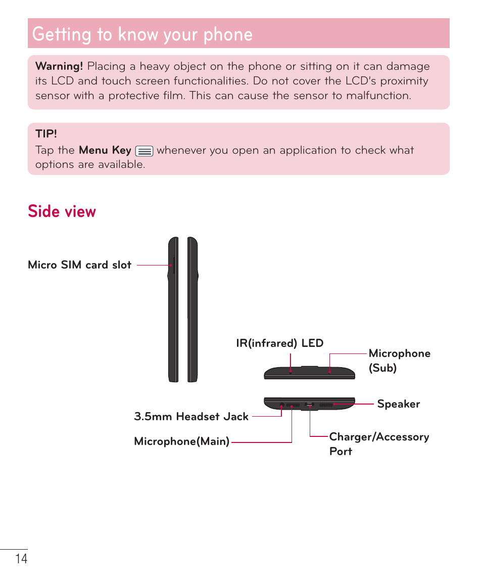 Side view, Getting to know your phone | LG LGD801BK User Manual | Page 16 / 177