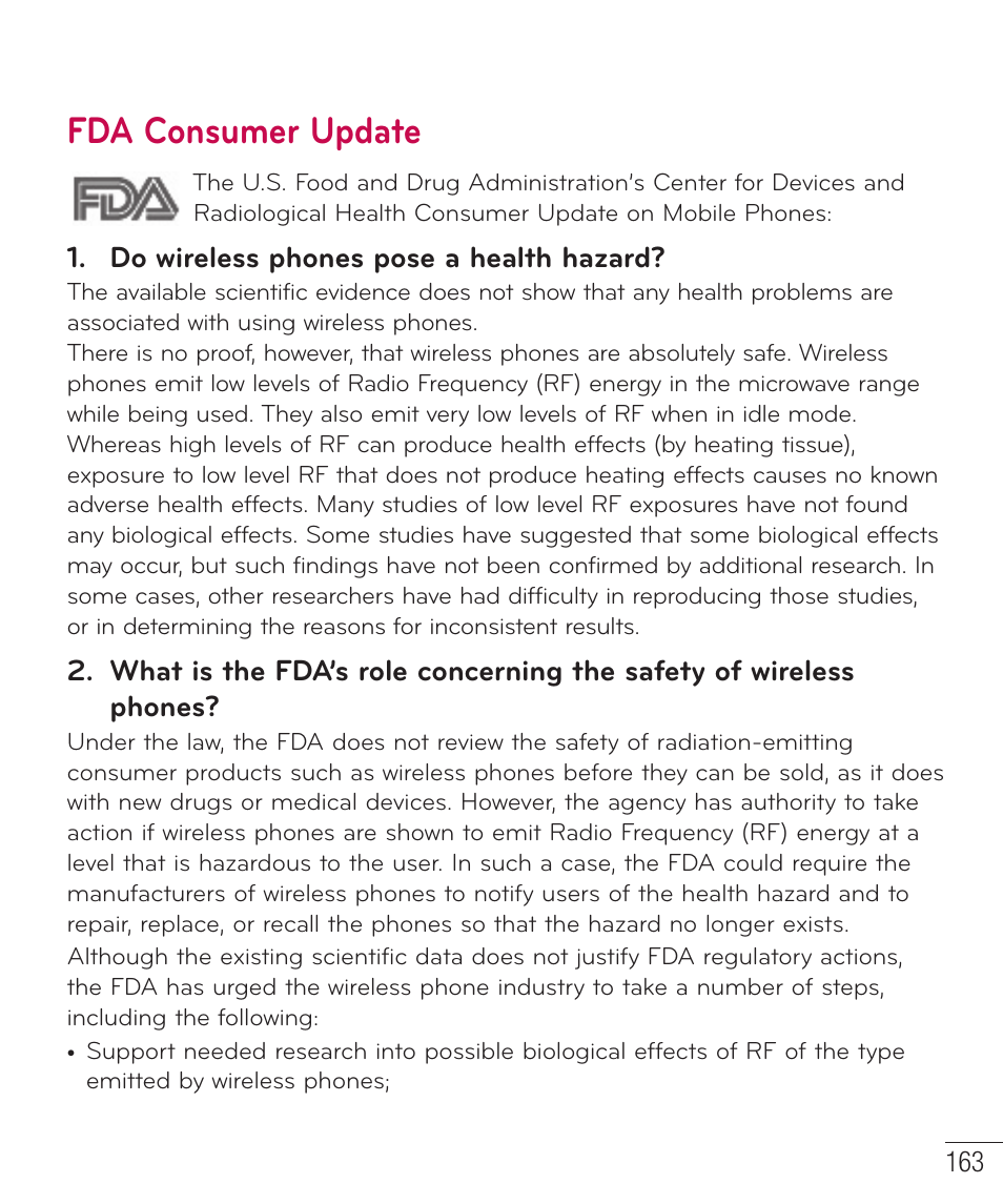 Fda consumer update | LG LGD801BK User Manual | Page 165 / 177
