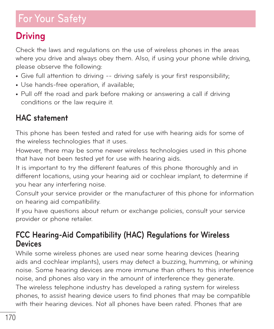 For your safety, Driving, Hac statement | LG LGD801BK User Manual | Page 172 / 177