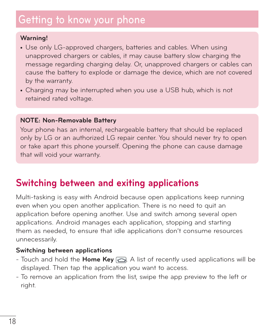 Switching between and exiting applications, Getting to know your phone | LG LGD801BK User Manual | Page 20 / 177