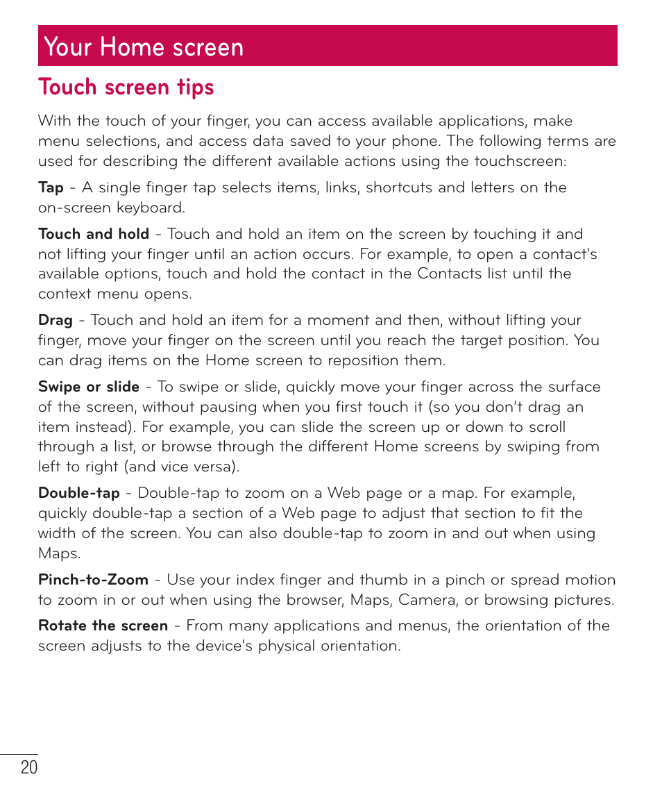 Your home screen, Touch screen tips | LG LGD801BK User Manual | Page 22 / 177