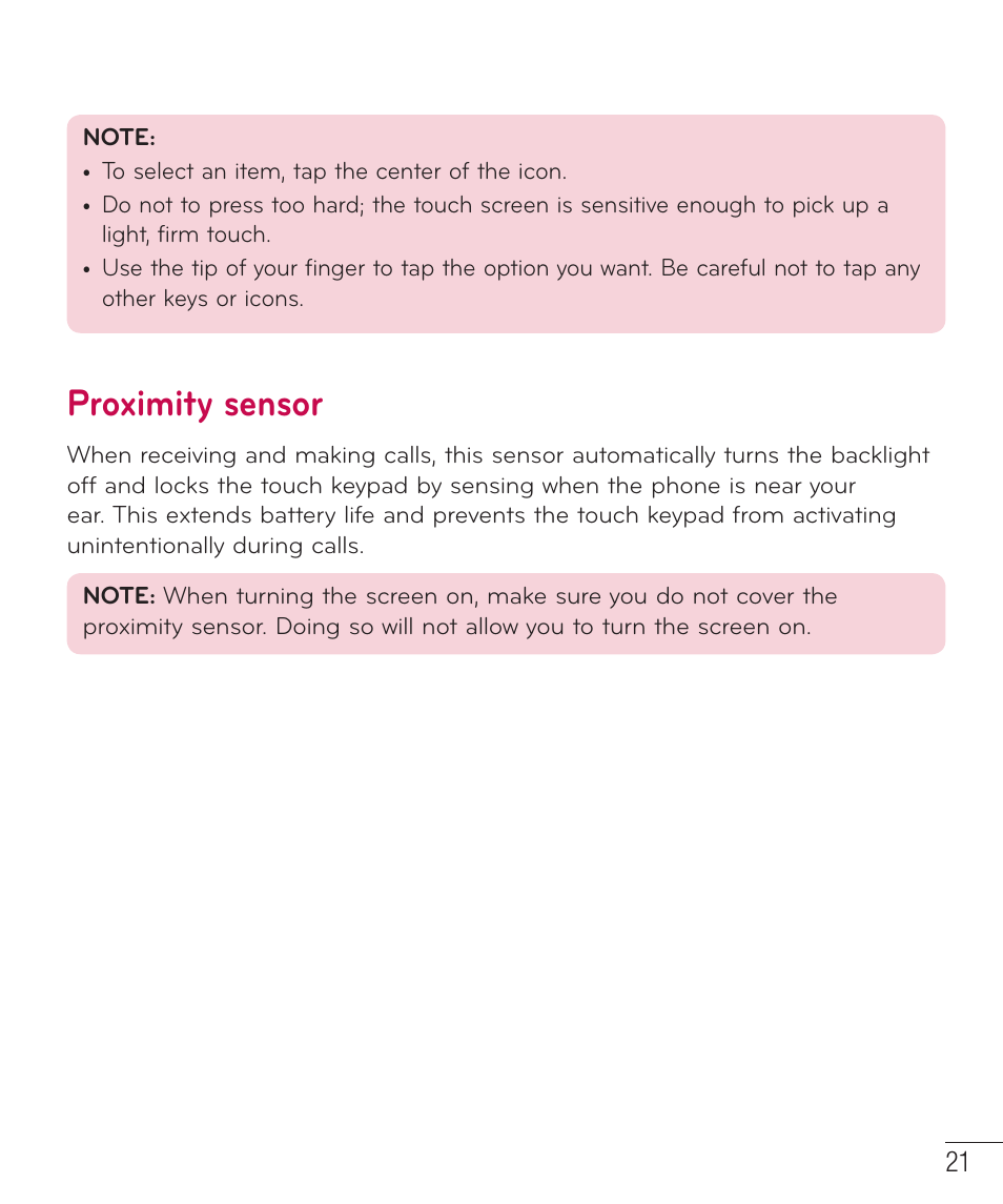 Proximity sensor | LG LGD801BK User Manual | Page 23 / 177