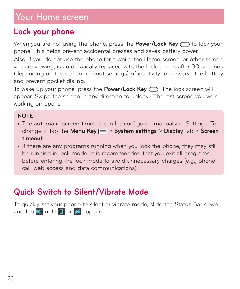 Lock your phone, Quick switch to silent/vibrate mode, Your home screen | LG LGD801BK User Manual | Page 24 / 177