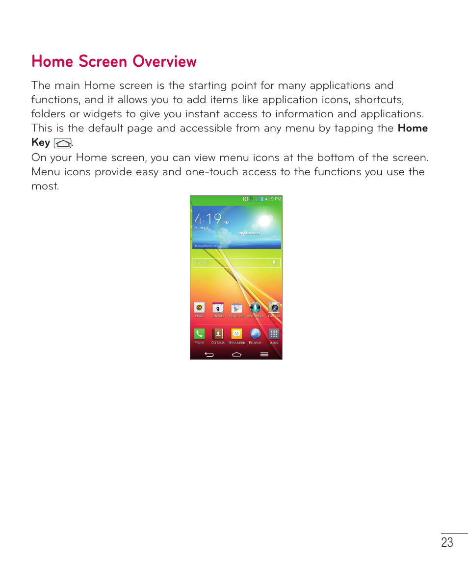 Home screen overview | LG LGD801BK User Manual | Page 25 / 177