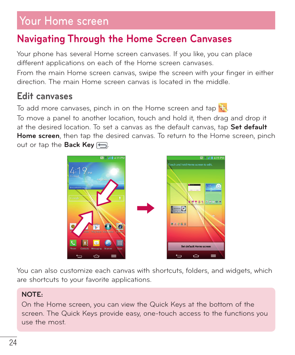 Navigating through the home screen canvases, Your home screen, Edit canvases | LG LGD801BK User Manual | Page 26 / 177