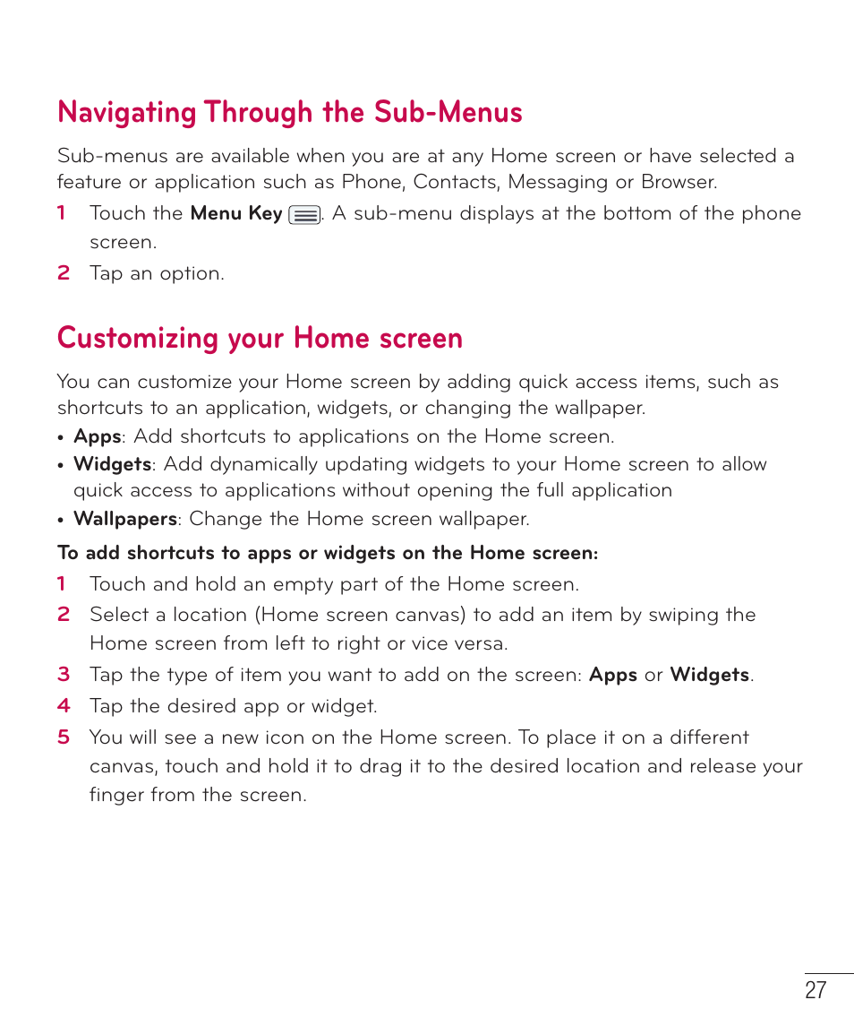 Navigating through the sub-menus, Customizing your home screen | LG LGD801BK User Manual | Page 29 / 177