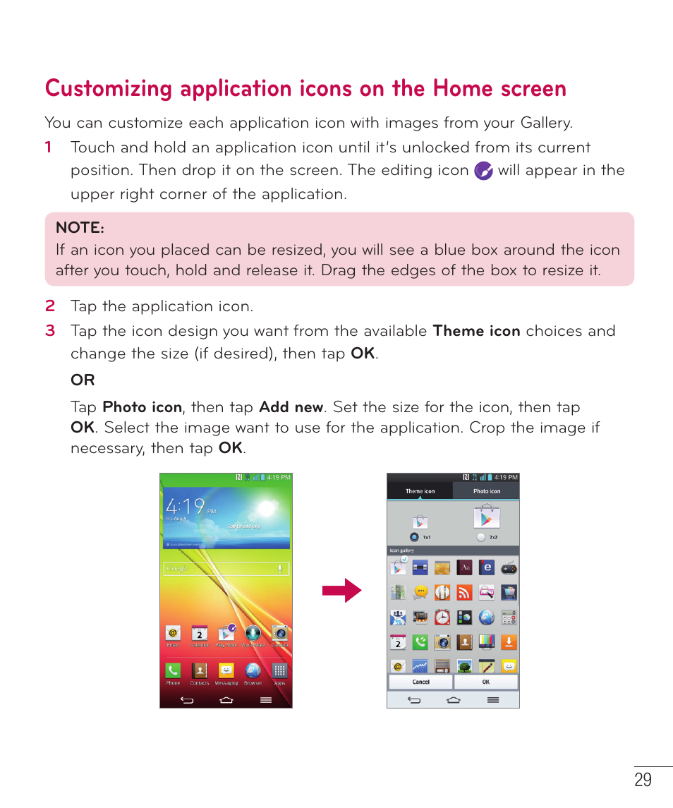 Customizing application icons on the home screen | LG LGD801BK User Manual | Page 31 / 177