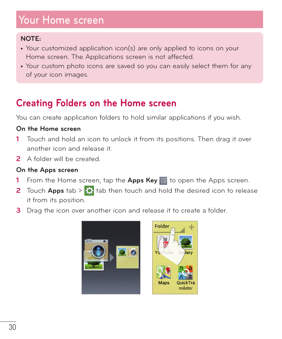 Creating folders on the home screen, Your home screen | LG LGD801BK User Manual | Page 32 / 177