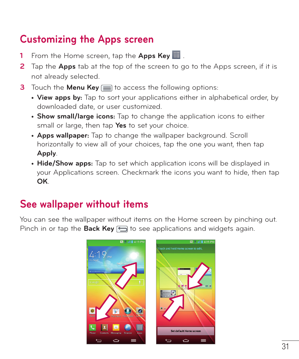 Customizing the apps screen, See wallpaper without items | LG LGD801BK User Manual | Page 33 / 177