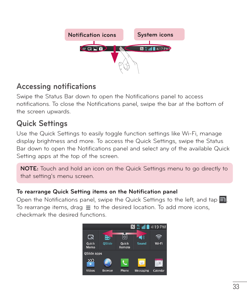 Accessing notifications, Quick settings | LG LGD801BK User Manual | Page 35 / 177