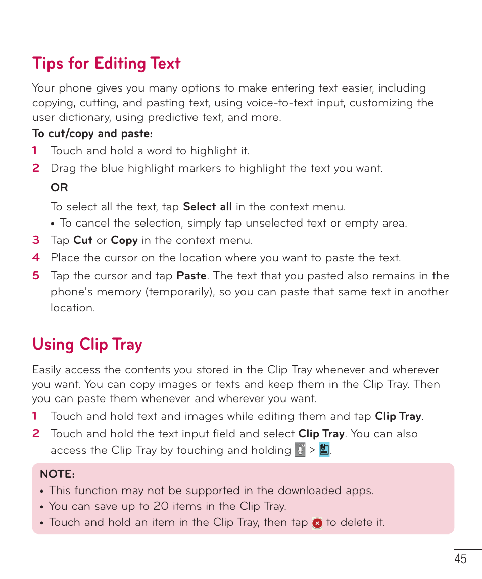 Tips for editing text, Using clip tray | LG LGD801BK User Manual | Page 47 / 177