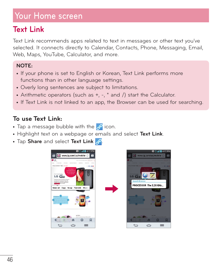 Text link, Your home screen | LG LGD801BK User Manual | Page 48 / 177
