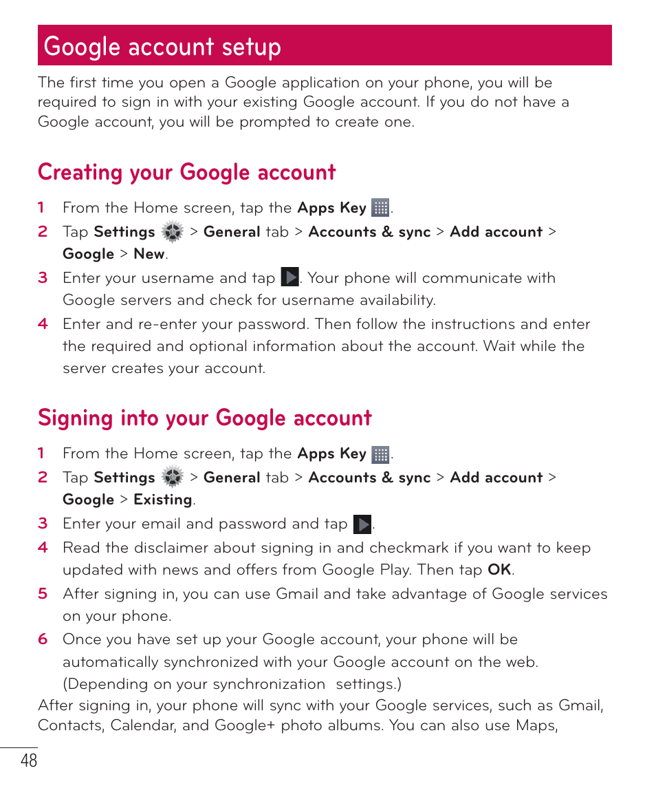 Google account setup, Creating your google account, Signing into your google account | LG LGD801BK User Manual | Page 50 / 177