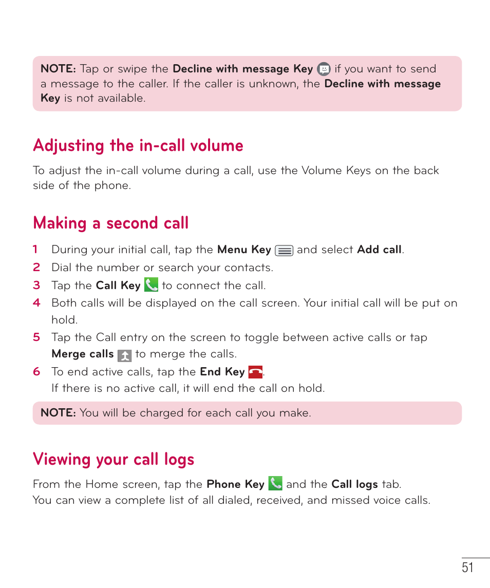 Adjusting the in-call volume, Making a second call, Viewing your call logs | LG LGD801BK User Manual | Page 53 / 177