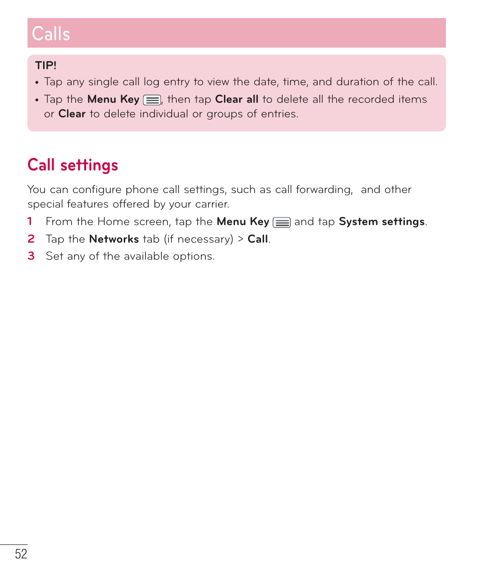 Call settings, Calls | LG LGD801BK User Manual | Page 54 / 177