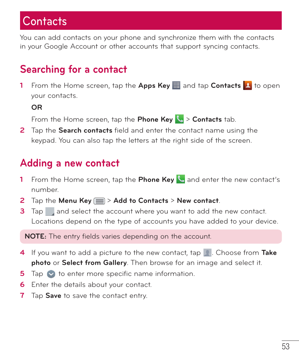 Contacts, Searching for a contact, Adding a new contact | LG LGD801BK User Manual | Page 55 / 177