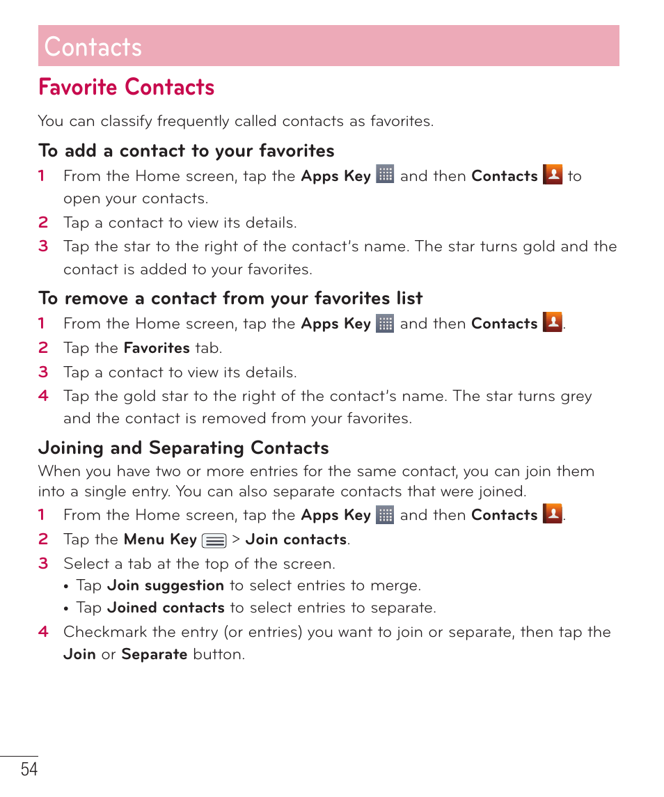 Favorite contacts, Contacts, Joining and separating contacts | LG LGD801BK User Manual | Page 56 / 177