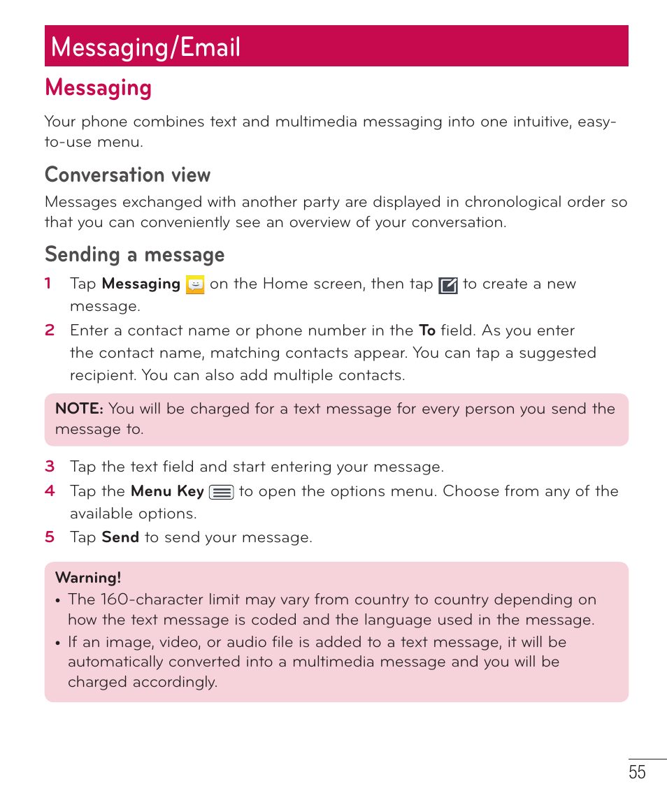 Messaging/email, Messaging, Conversation view | Sending a message | LG LGD801BK User Manual | Page 57 / 177