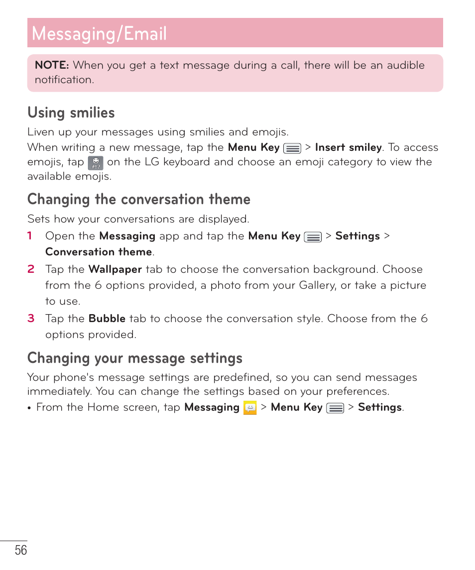 Messaging/email, Using smilies, Changing the conversation theme | Changing your message settings | LG LGD801BK User Manual | Page 58 / 177