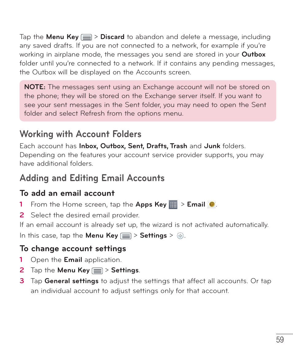 Working with account folders, Adding and editing email accounts | LG LGD801BK User Manual | Page 61 / 177