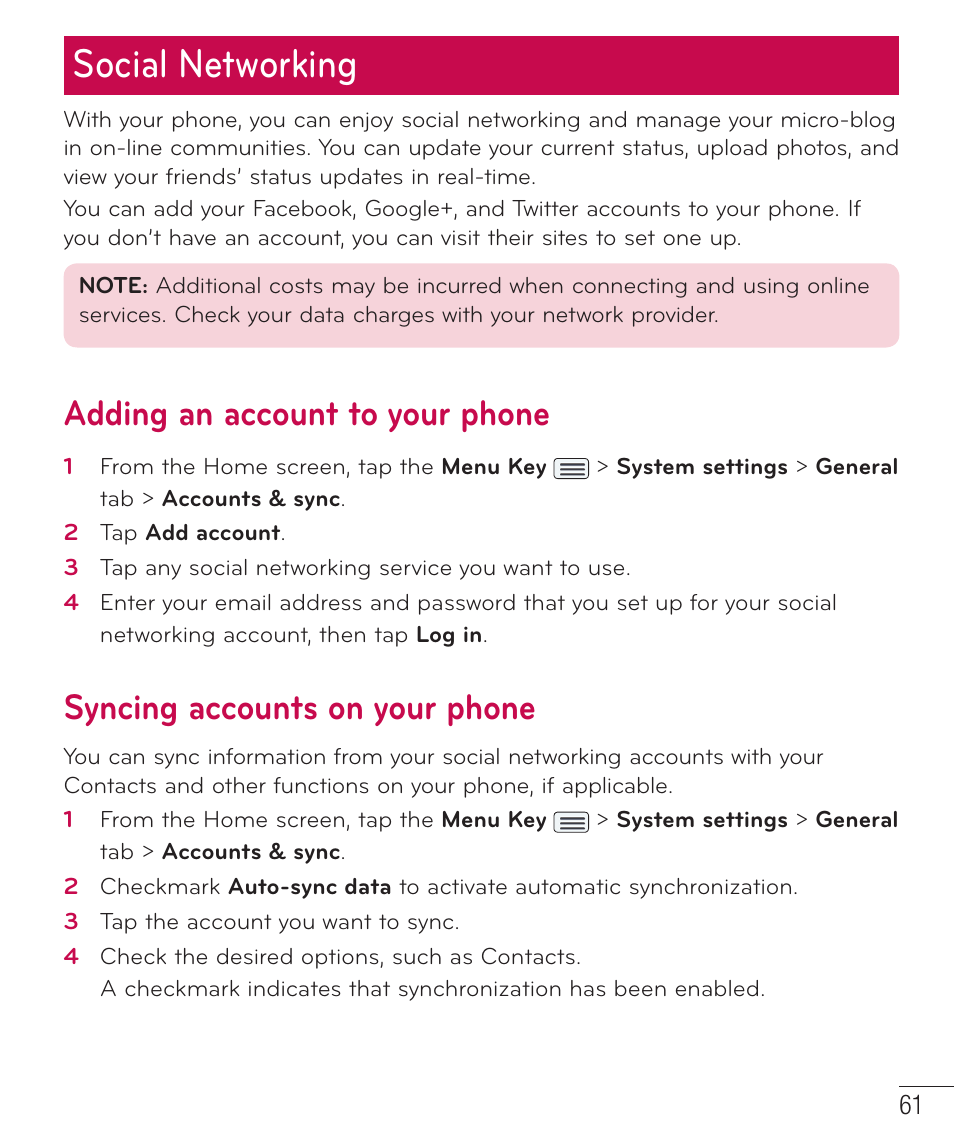 Social networking, Adding an account to your phone, Syncing accounts on your phone | LG LGD801BK User Manual | Page 63 / 177