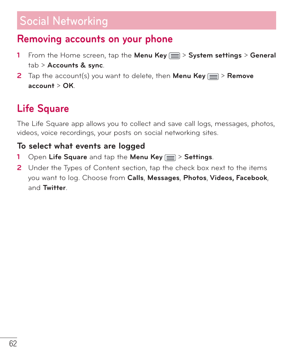 Removing accounts on your phone, Life square, Social networking | LG LGD801BK User Manual | Page 64 / 177