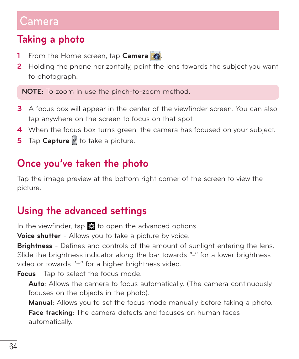 Taking a photo, Once you’ve taken the photo, Using the advanced settings | Camera | LG LGD801BK User Manual | Page 66 / 177